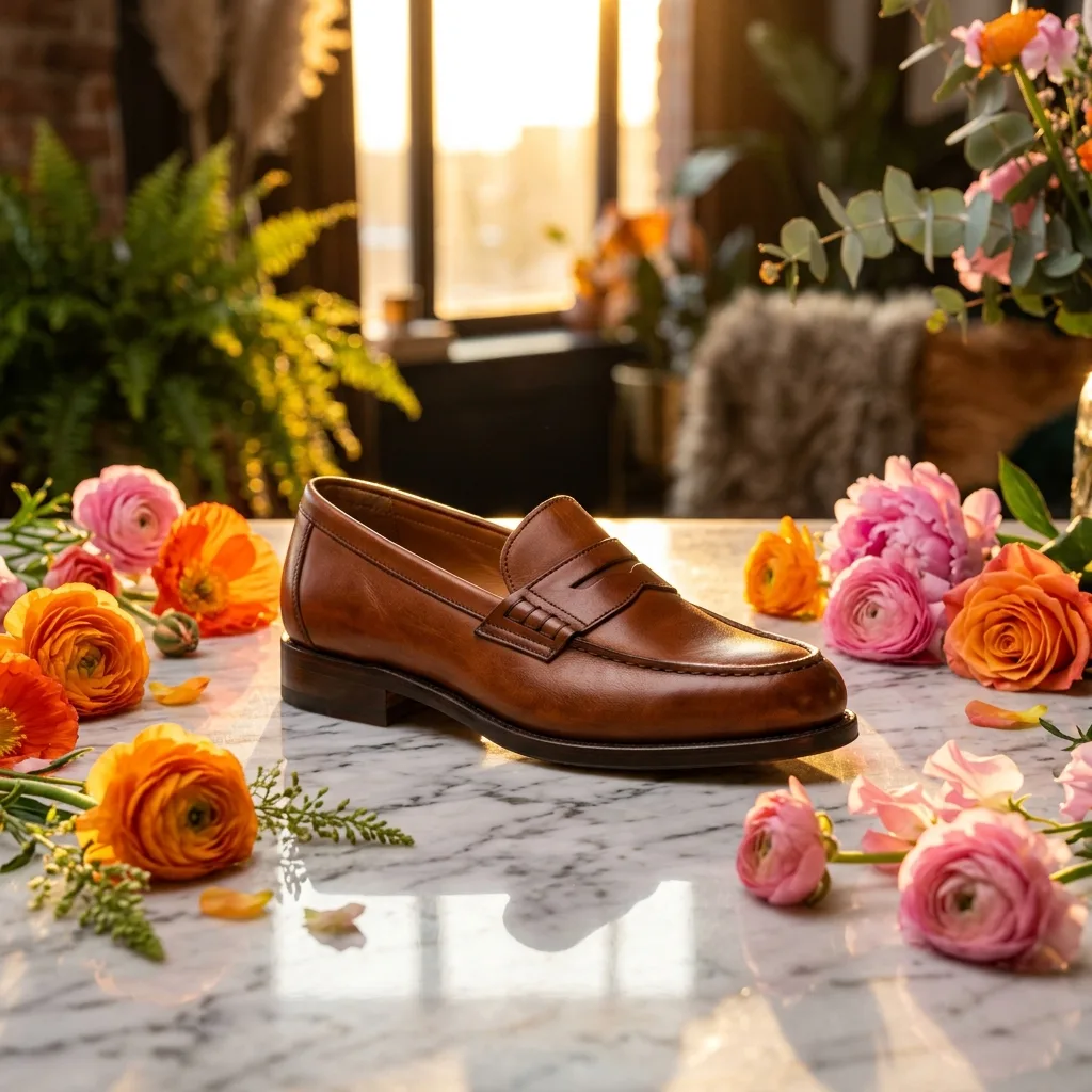 Femme élégante portant des mocassins en cuir pleine fleur, gros plan sur la couture
